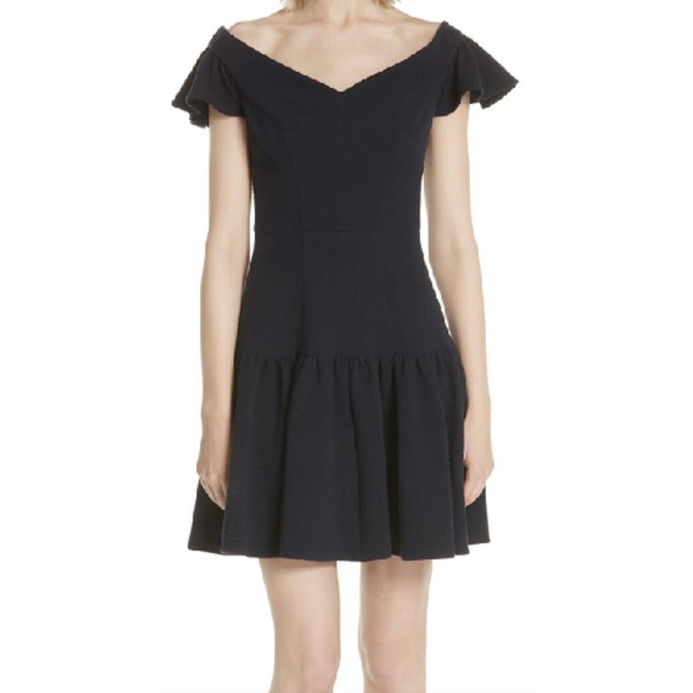 Rebecca Taylor Textured Off the Shoulder Mini‎ Dress Navy Ruffle Womens 8 New